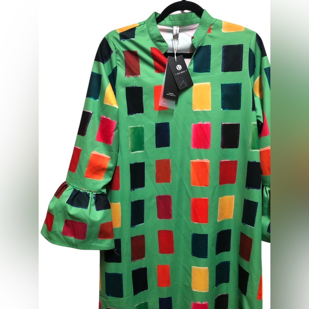 UOOZEE N.W.T. Colorful Geometric Square Dress M. Size,Side Slit,Midi Mid Calf, - Picture 4 of 6